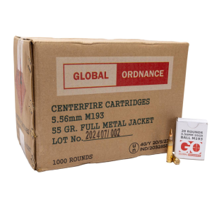 Global-Ordnance Global Ordnance M193 Rifle Ammunition 5.56X45 NATO 55gr FMJ 3162 fps 1000/ct Case (50-20/ct)