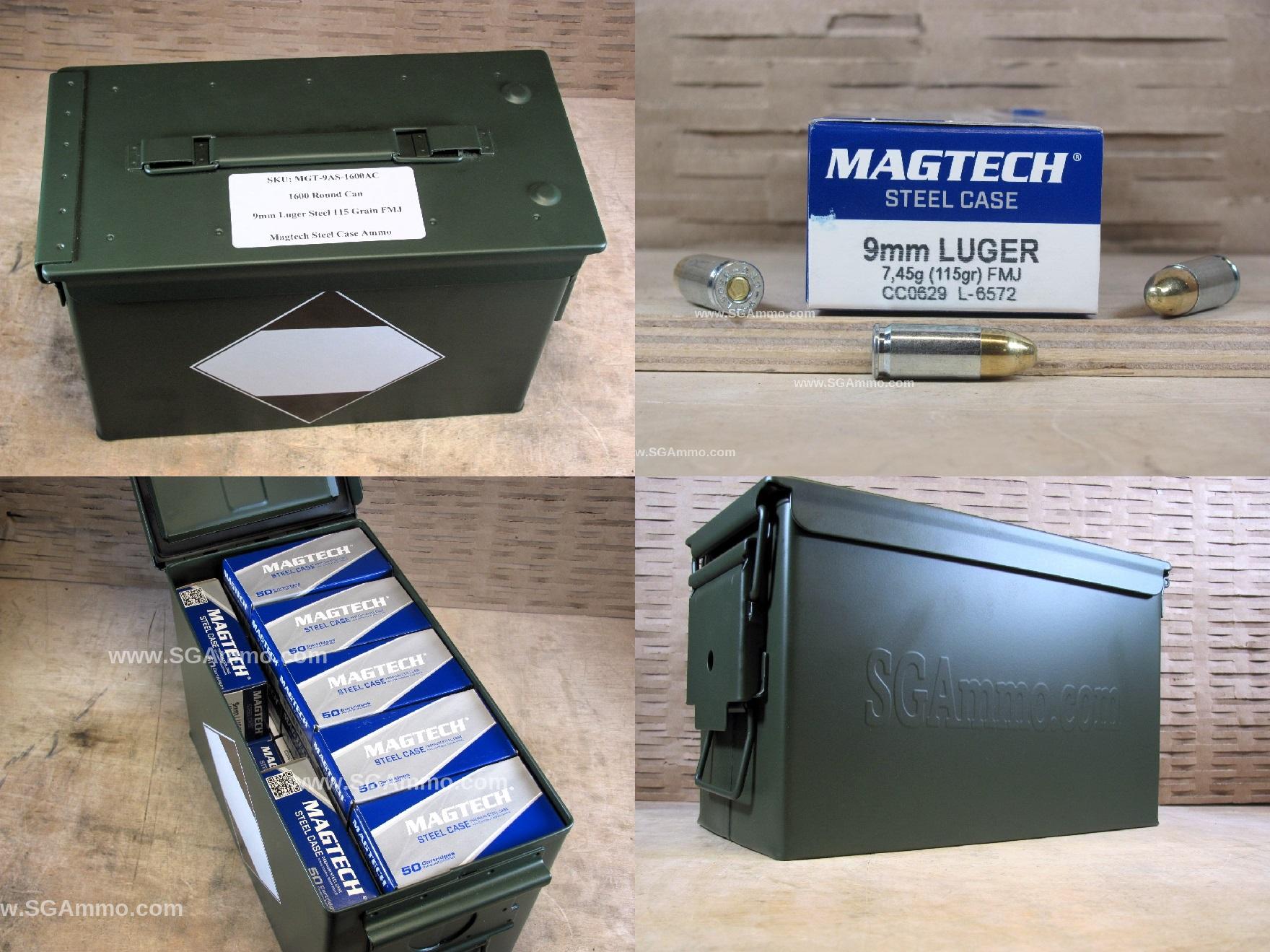 1600 Round Can – Steel Case 9mm Luger 115 Grain FMJ Magtech Ammo – 9AS – Packed in M2A1 Canister