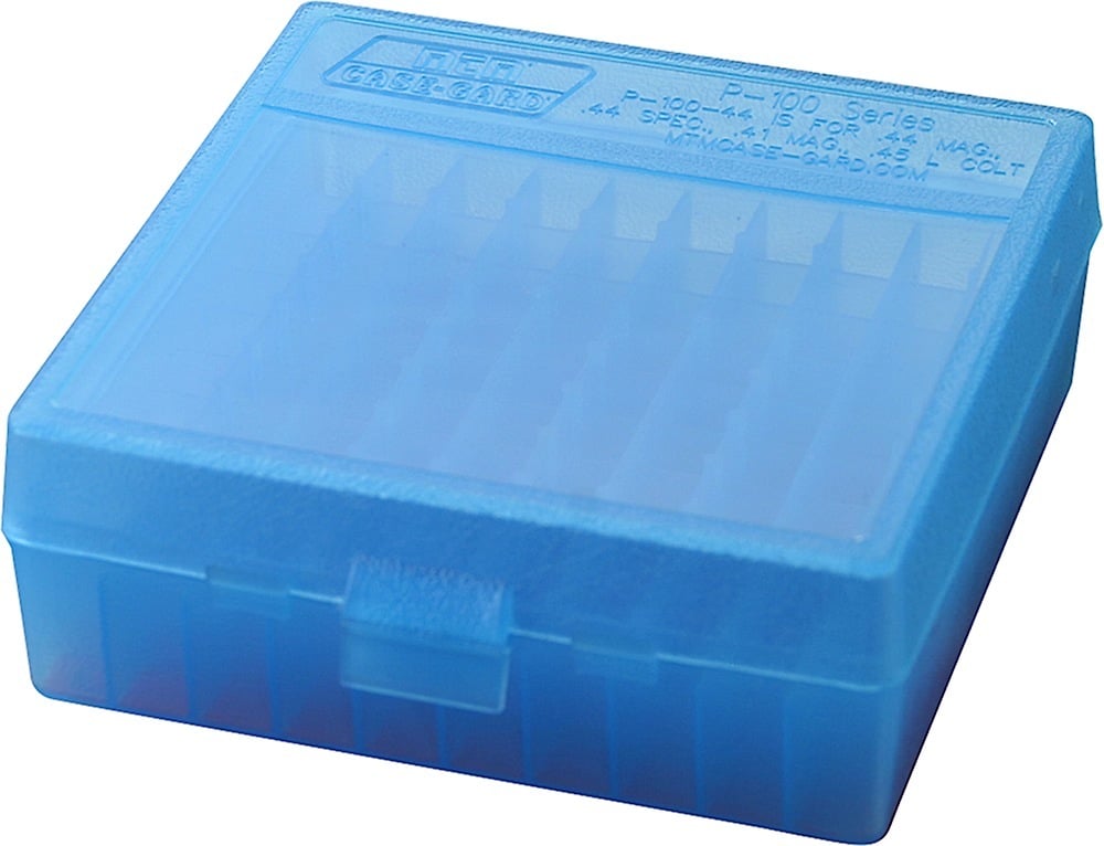 MTM Case Gard P-100 100 Round Flip-Top Ammo Box, 1.88" OAL, Clear Blue - P1004424