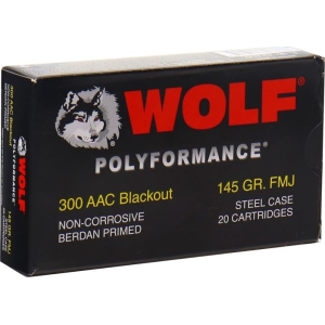 Wolf 300BLKFMJ1 Polyformance .300 Blackout 145 GR FMJ Steel Case, Non-Corrosive - 500 Round Case