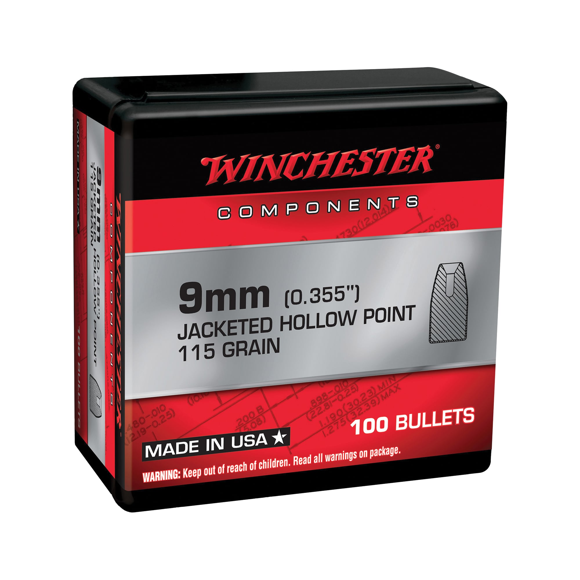 Winchester Ammunition 9mm 115 gr Reloading Bullets  HP 100rds - WB9JHP115X