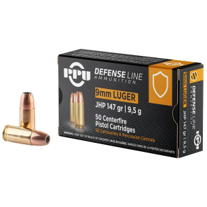 PPU Defense Line Handgun Ammunition 9mm Luger 147gr JHP 990 fps 50/ct