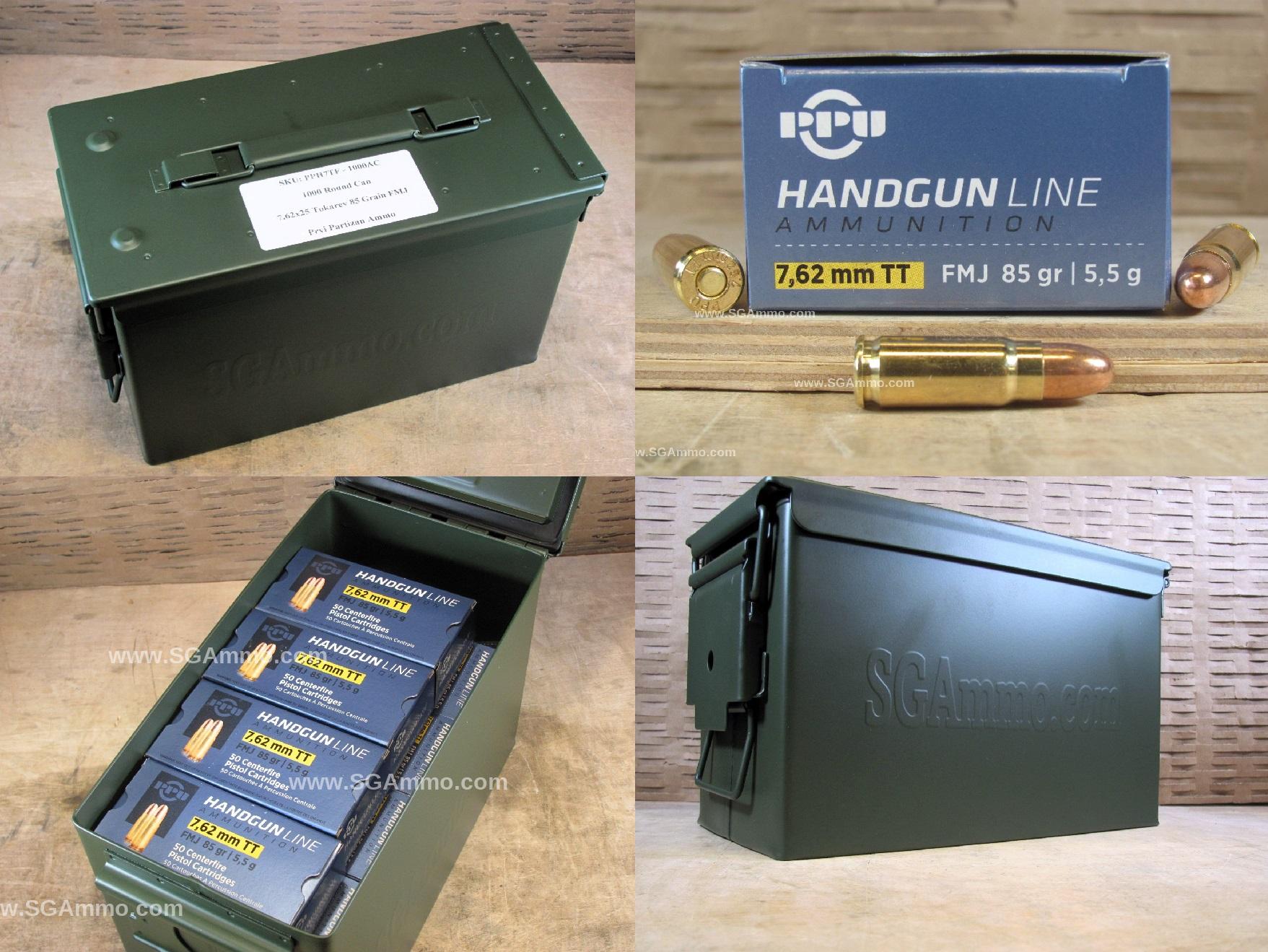 1000 Round Can – 7.62×25 Tokarev 85 Grain FMJ Prvi Partizan New Non-Corrosive Ammo – PPH7TF – Packed in M2A1 Canister