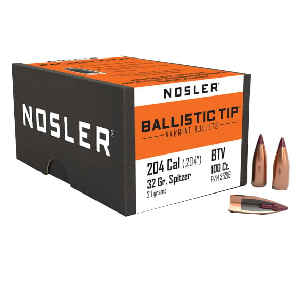 Nosler Ballistic Tip Varmint .204 Cal JBTBT Rifle Bullet, 32 gr 0.204" 100rds