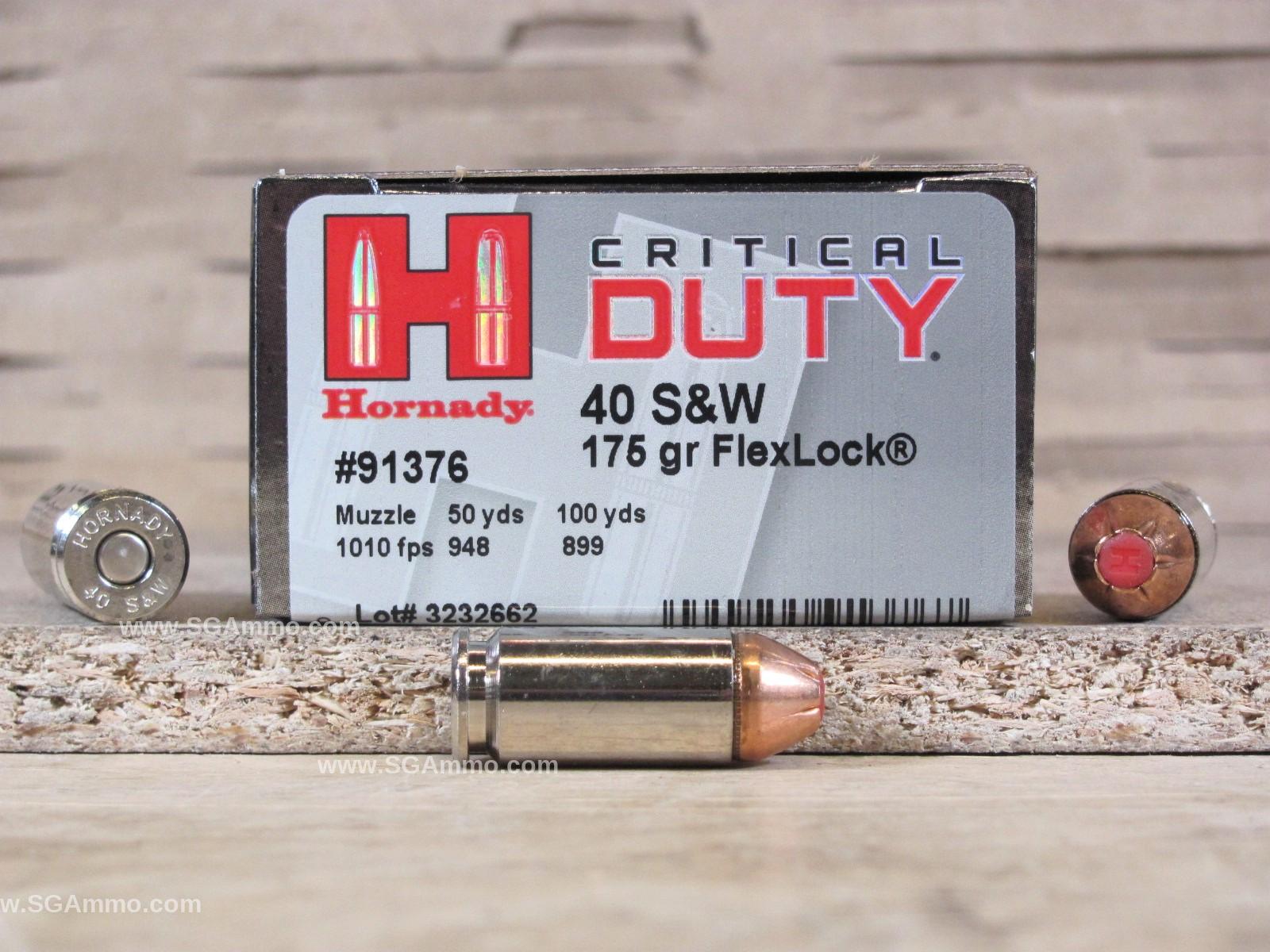 20 Round Box – 40 Cal SW Hornady Critical Duty 175 Grain FlexLock Hollow Point Ammo – 91376