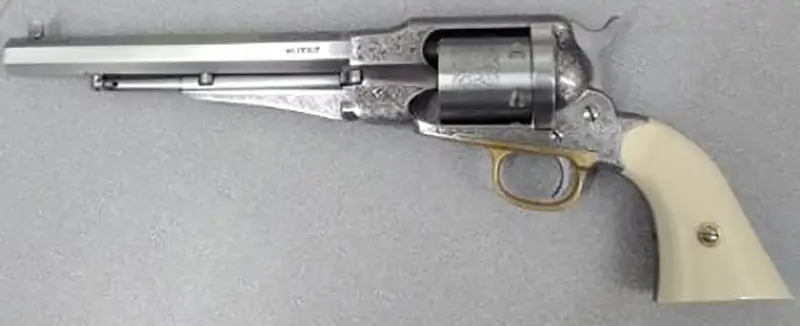 Taylors Company 550763 1858 Remington Conversion 45 Colt (LC) Caliber with 8" Barrel, 6rd Capacity Cylinder, Overall Nickel-Plated Engraved Finish Steel 2-Piece Ivory Grip