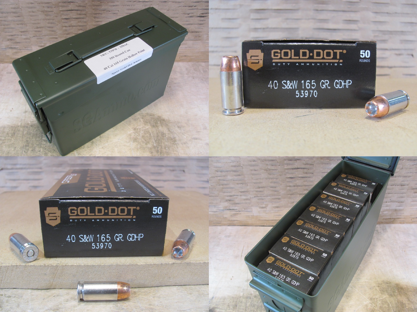 350 Round Can – 40 Cal Speer Gold Dot 165 Grain Hollow Point Ammo – 53970 – Packed in M19A1 Canister