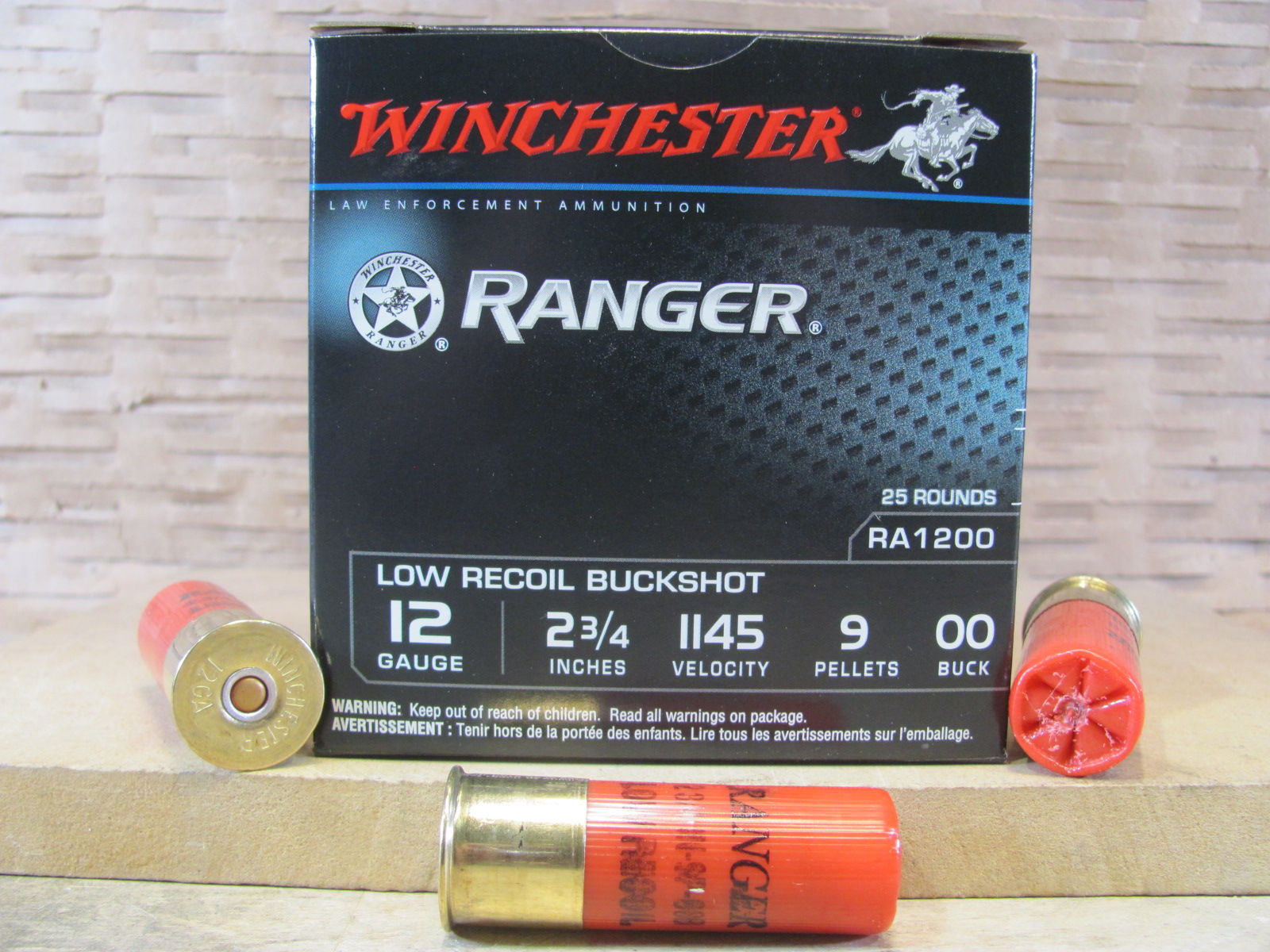 25 Round Box – 12 Gauge 2.75 Inch 9 Pellet 00 Buck 1145 FPS Low Recoil Winchester Ranger Ammo – RA1200