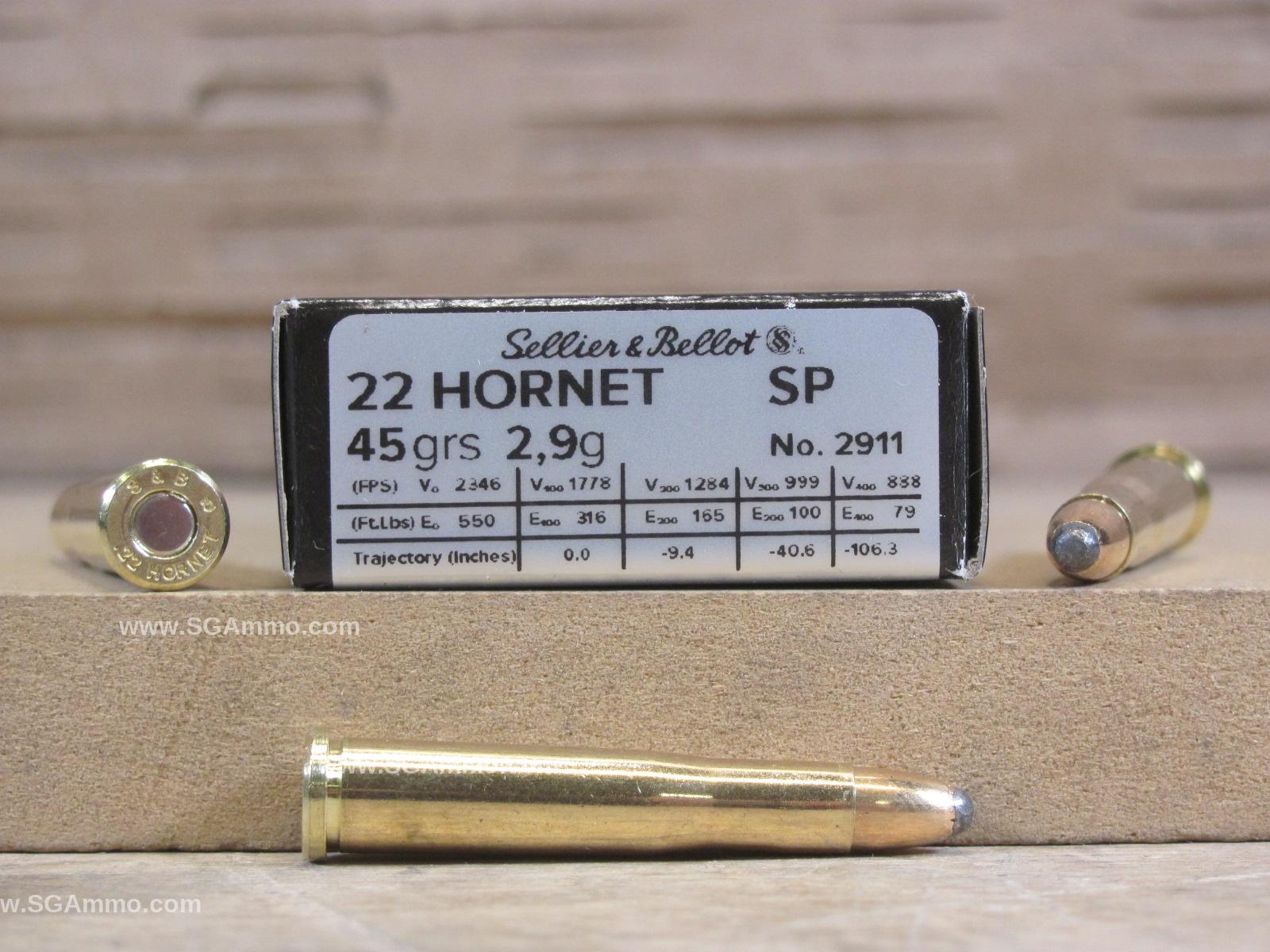 20 Round Box – 22 Hornet 45 Grain Soft Point Sellier Bellot Ammo – SB22HB