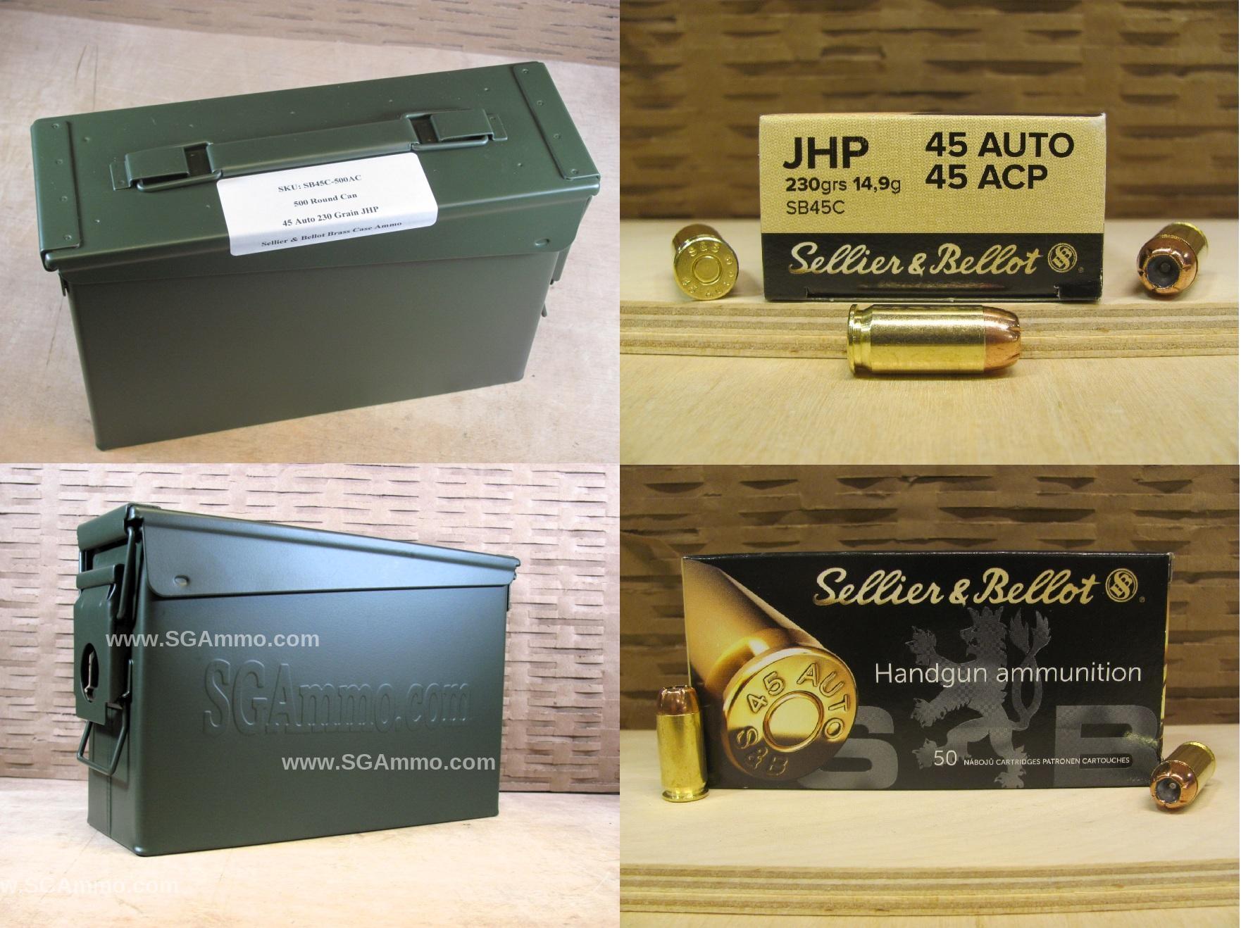 500 Round Can – 45 Auto 230 Grain JHP Hollow Point Ammo by Sellier Bellot – SB45C – Packed in M19A1 Canister