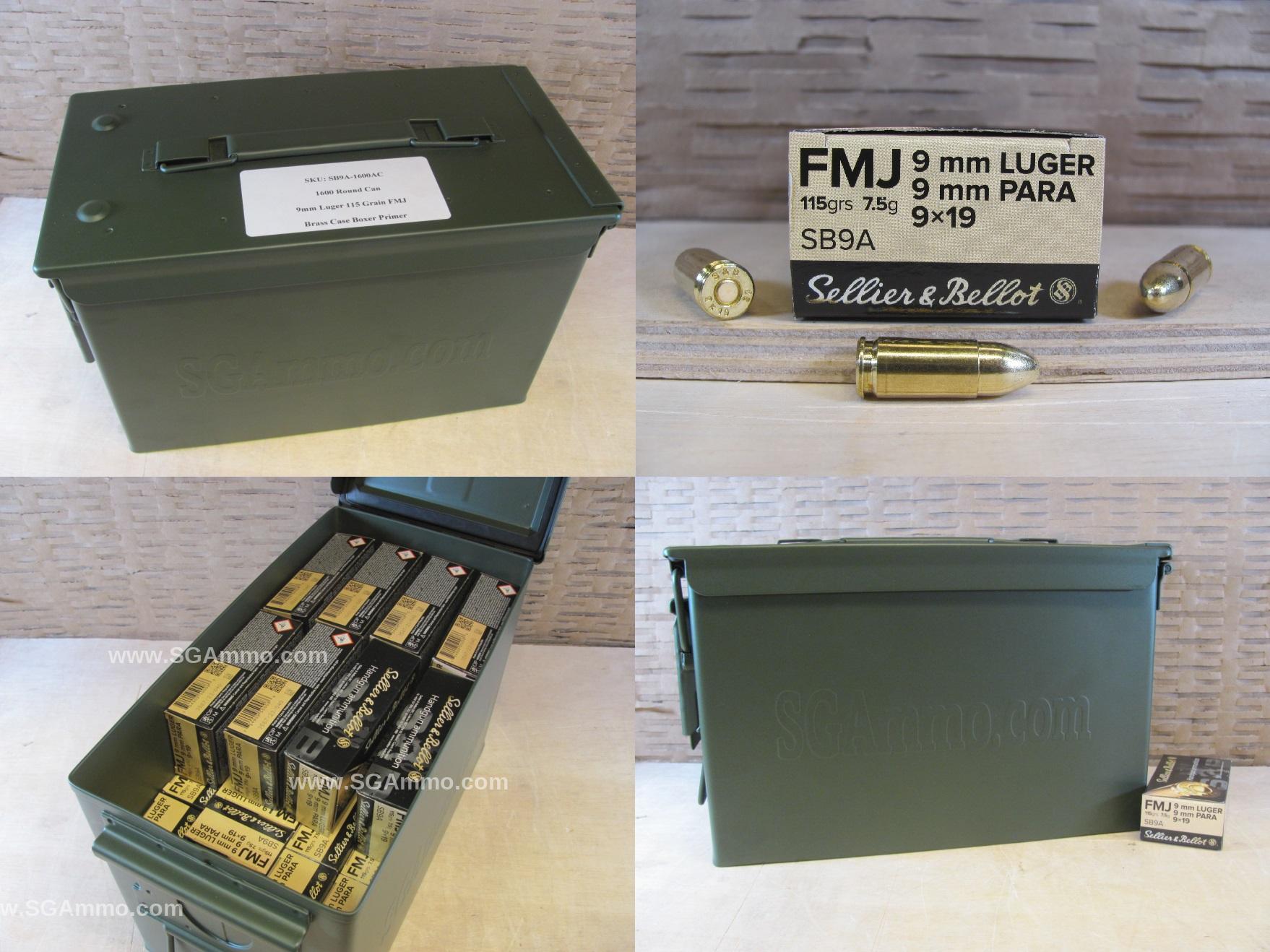 1600 Round Can – 9mm Luger Sellier Bellot 115 Grain FMJ Brass Case Ammo – SB9A – Packed in M2A1 Canister