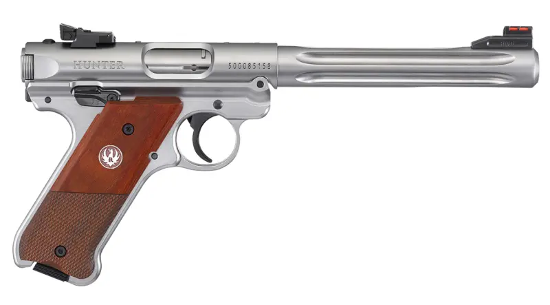 Ruger 40118 Mark IV Hunter 22 LR 10+1 6.88" Satin Stainless Fluted Bull Barrel, Satin Stainless Steel Frame, Drilled Tapped Receiver, Checkered Laminate Grip, Right Hand