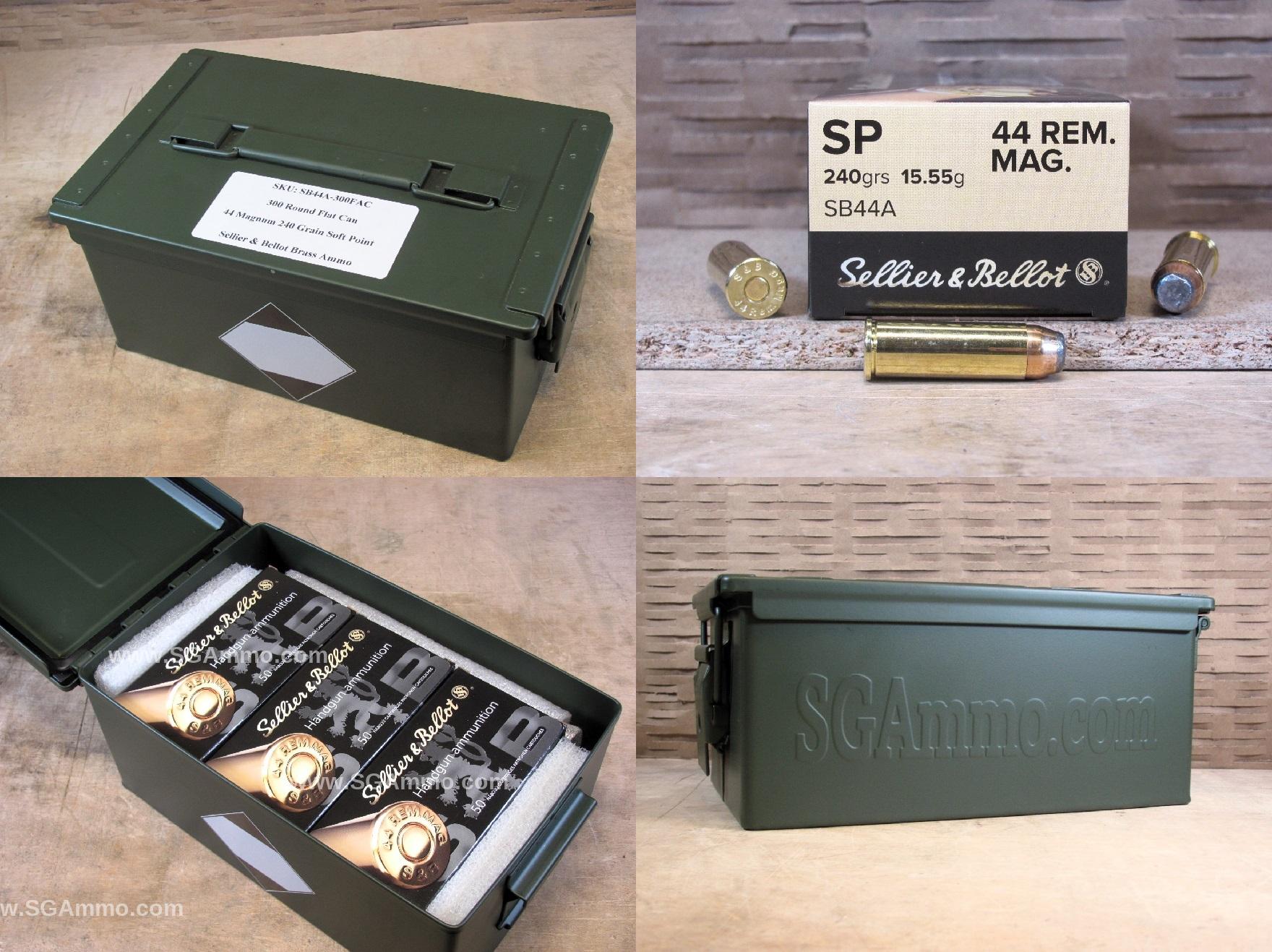 300 Round Flat Can – 44 Magnum Sellier Bellot 240 Grain JSP Soft Point Ammo – SB44A – Packed in Metal Canister