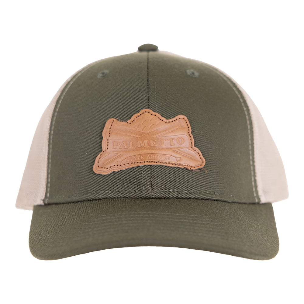 PSA Snap Back Hat w/Faux Leather Logo, Olive OSFM