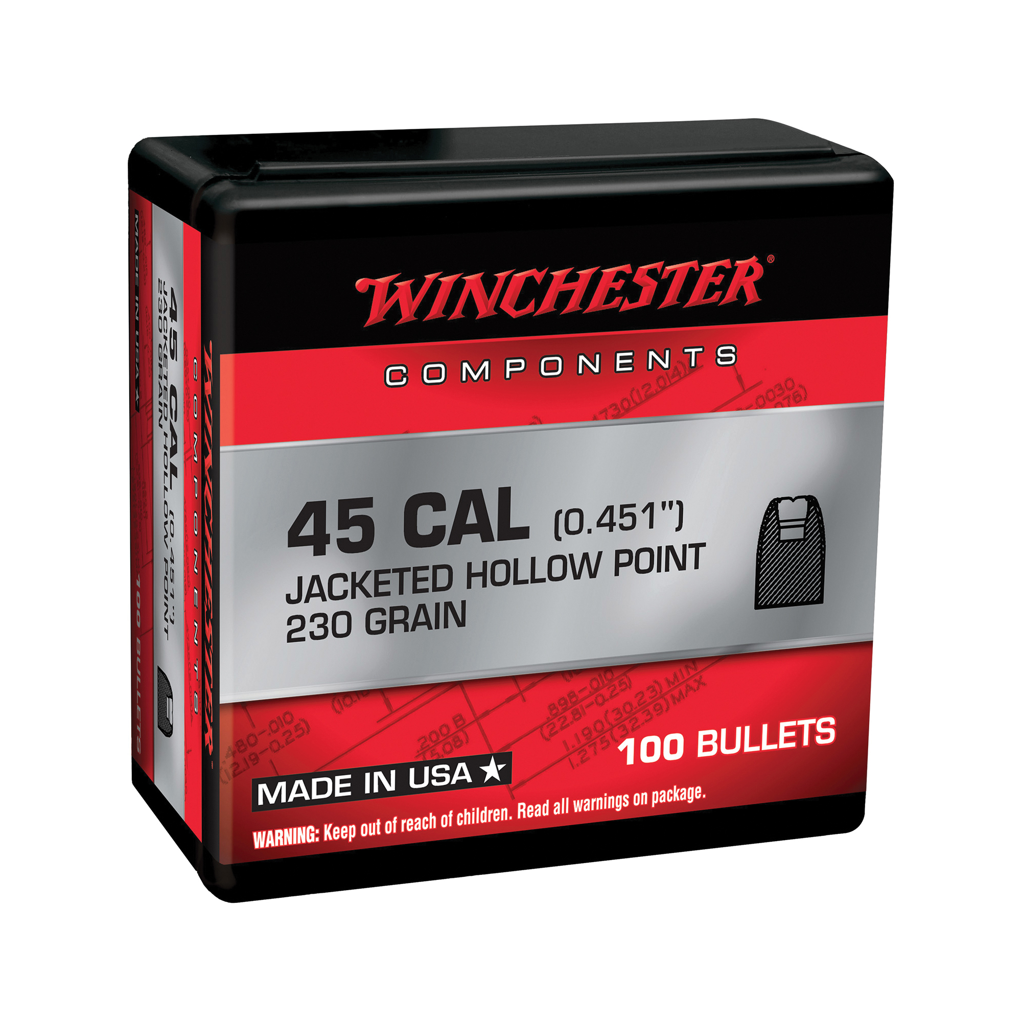 Winchester Ammunition .45 Cal 230 gr Reloading Bullets  HP 100rds - WB45HP230X