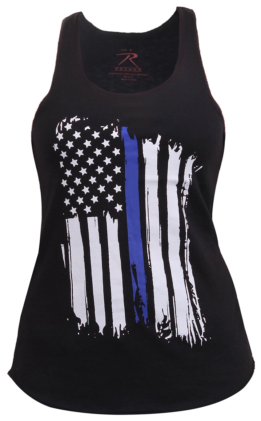 Women Thin Blue Line Flag Racerback Tank Top - 2X-Large