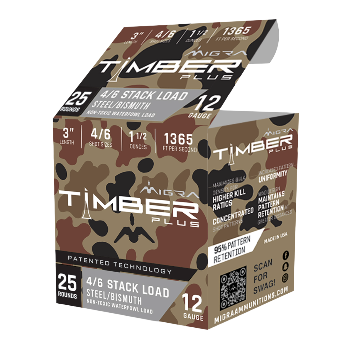 Migra Timber Plus 12 Gauge, 3" #4 & #6 Bismuth/Steel Stacked Shot, 1.5oz, 25rds - M12SB46