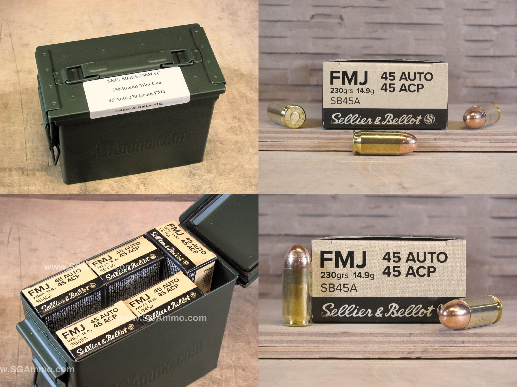 250 Round Can – 45 Auto 230 Grain FMJ Sellier Bellot Brass Case Ammo – SB45A – Packed in Mini Canister