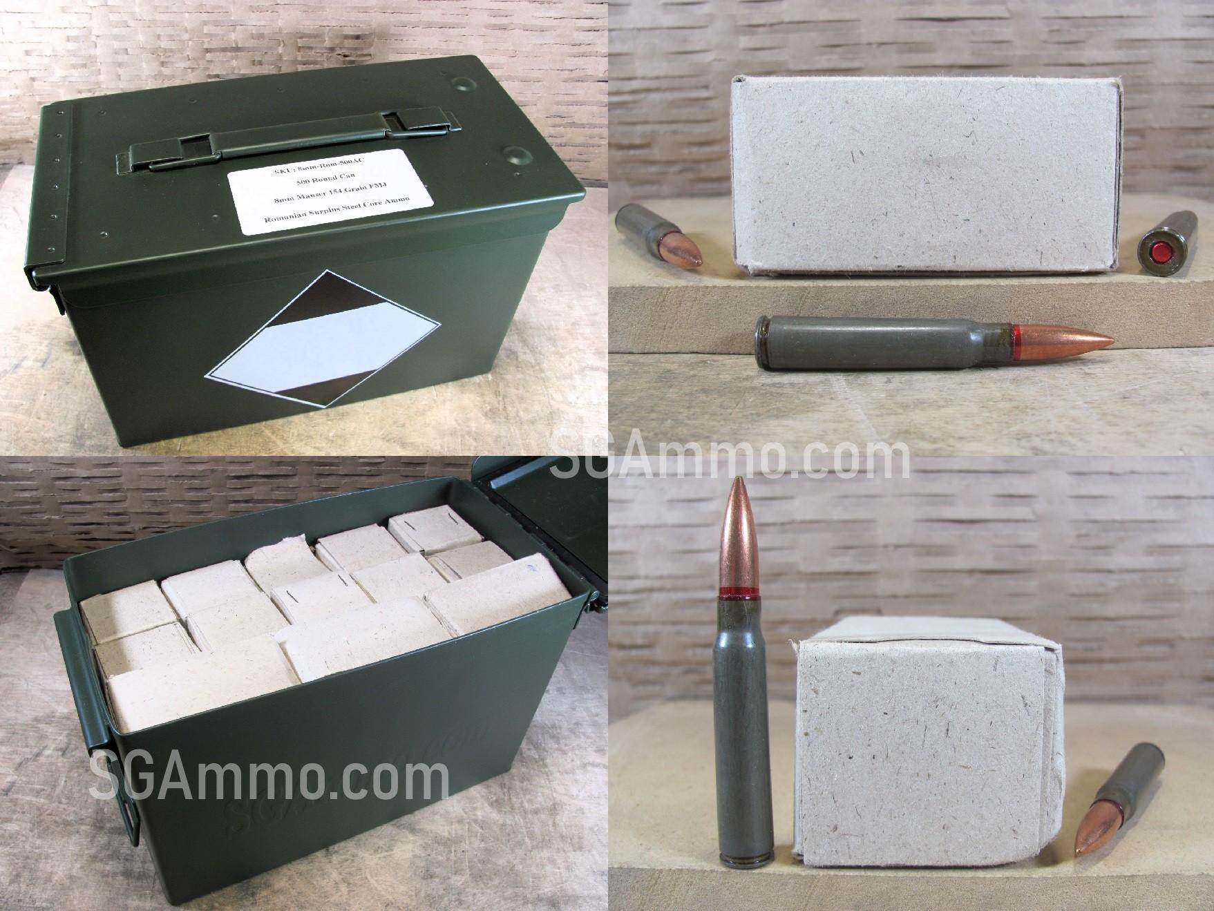 500 Round Can – 8mm Mauser 154 Grain FMJ Steel Case Ammo Made in Romania – Packed in M2A1 Canister