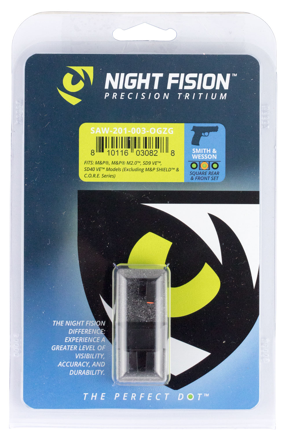Night Fision Night Sight Set for Smith & Wesson M&P M2.0, SD9 VE Pistols, Green with Orange Square Front, Green with Black Square Rear - SAW-201-003-OGZG