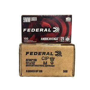 Federal AE9AP100 9MM 124 GR, Brass, Boxer, Reloadable, Full Metal Jacket (FMJ) (5) 100rd Boxes - 500rd Case