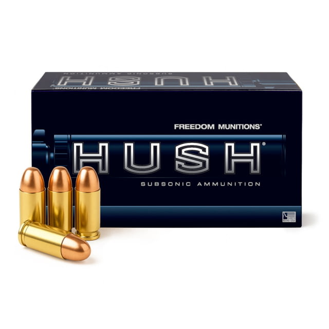 Freedom Munitions HUSH Subsonic 9mm Luger 147 Grain Round Nose Brass Pistol Ammo 50 Rounds