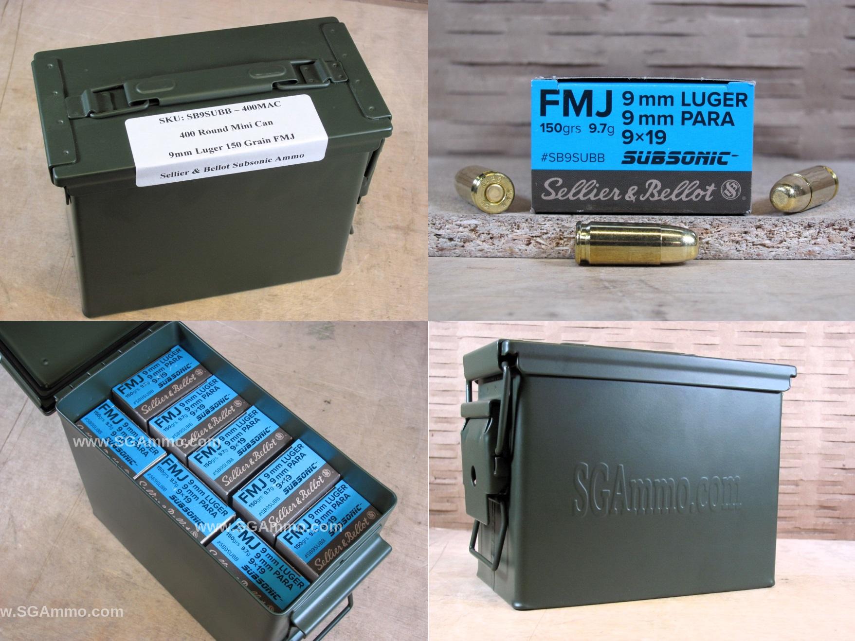 400 Round Can – 9mm Luger 150 Grain FMJ Subsonic Ammo Made By Sellier Bellot – SB9SUBB – Packed in Mini Canister