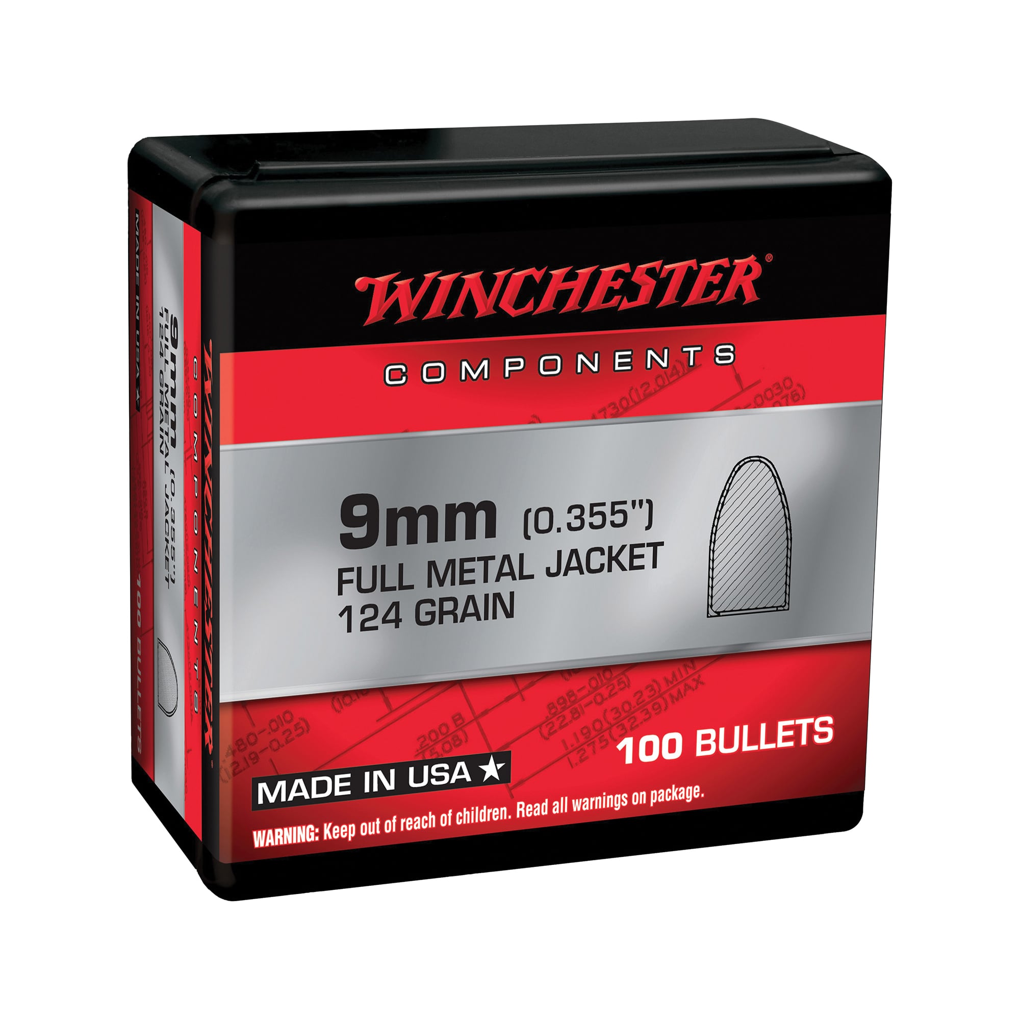 Winchester Ammunition 9mm 124 gr Reloading Bullets  FMJ 100rds - WB9MC124X