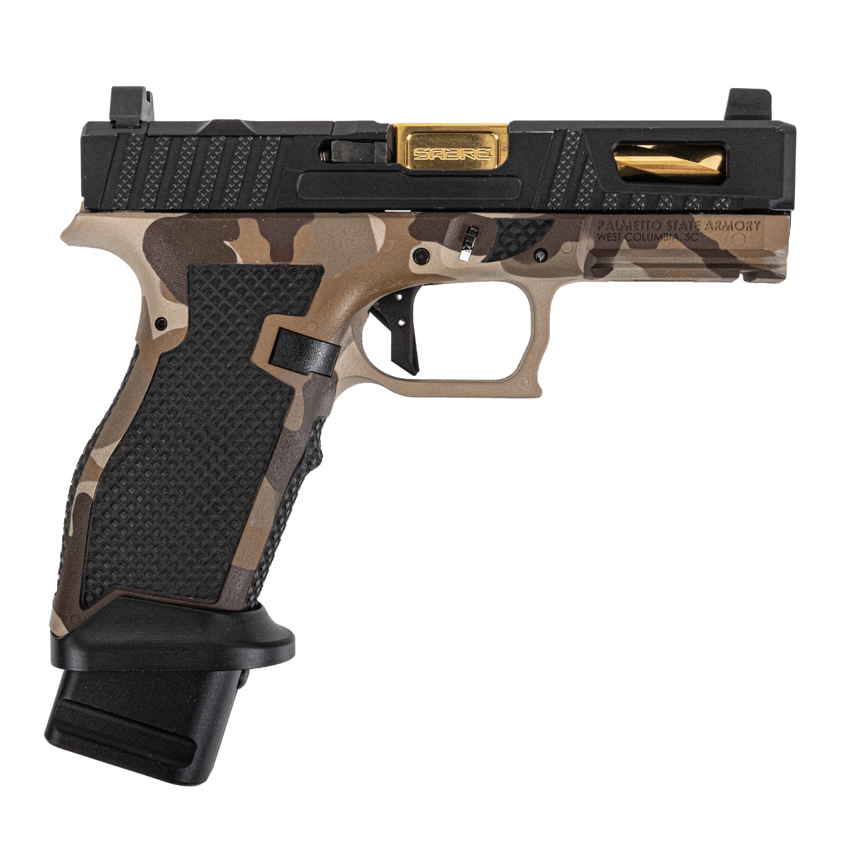 PSA Sabre Dagger Full Size - S 9mm Pistol, TiN Spiral Fluted Barrel, W/Mag Extensions, M81 Desert Camo
