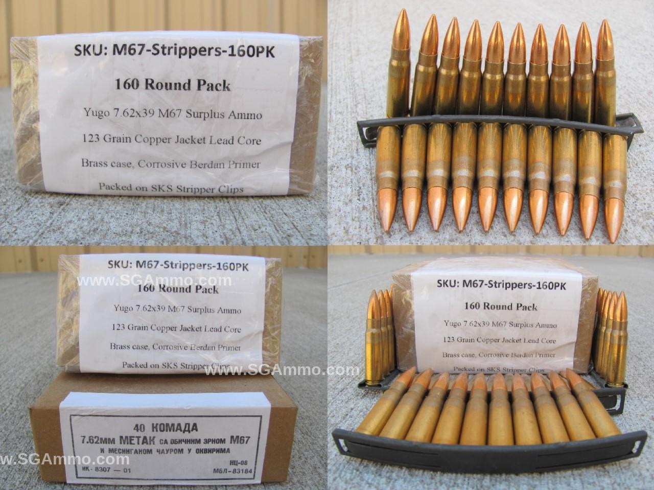 160 Round Pack – 7.62×39 M67 Non-magnetic Copper FMJ Brass Case Corrosive Yugo Surplus Ammo on SKS Stripper Clips