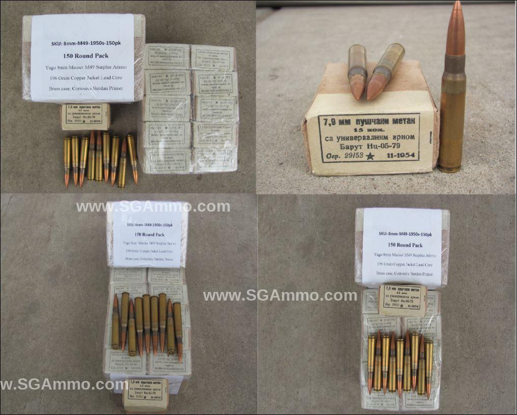 150 Round Pack – 8mm Mauser 196 Grain FMJ Yugo 1950s M49 Spec Brass Case Corrosive Primed Surplus Ammo
