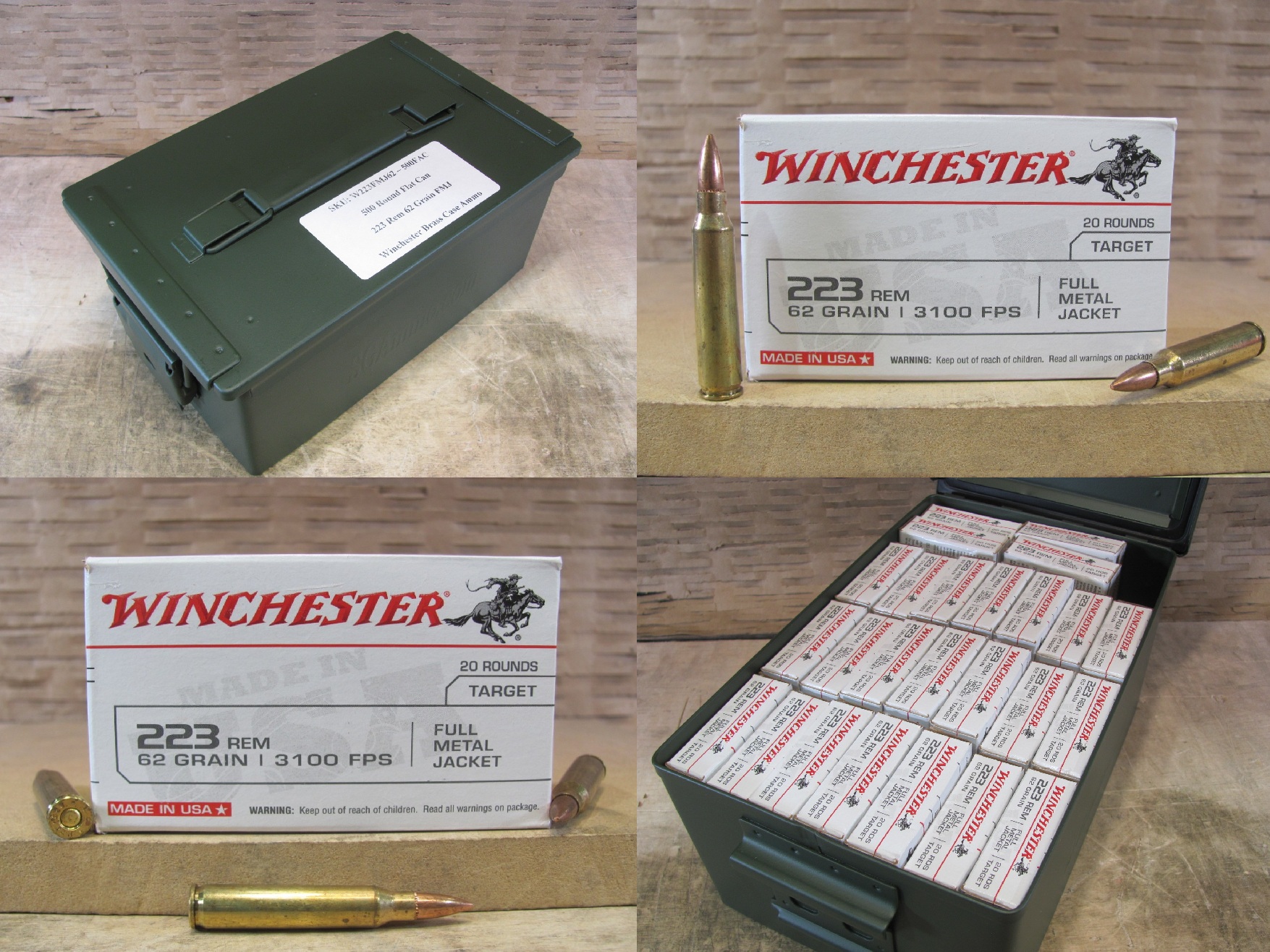 500 Round Flat Can – 223 Rem 62 Grain FMJ Winchester Ammo – W223FMJ62 – Packed in Metal Canister