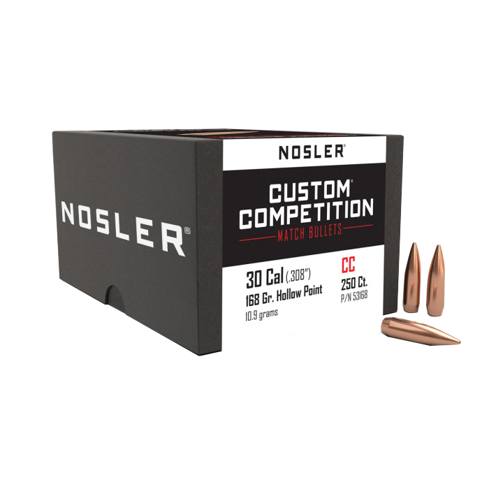 Nosler Custom Competition .30 Cal JHPBT Rifle Bullet, 168 gr 0.308" 250rds