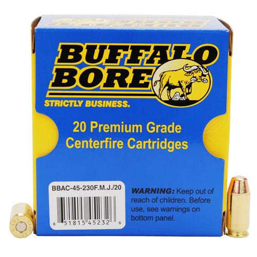 Buffalo Bore 45 ACP +P 230 grain Full Metal Jacket Flat Nose Pistol and Handgun Ammo, 20/Box - 45-230FMJ/20