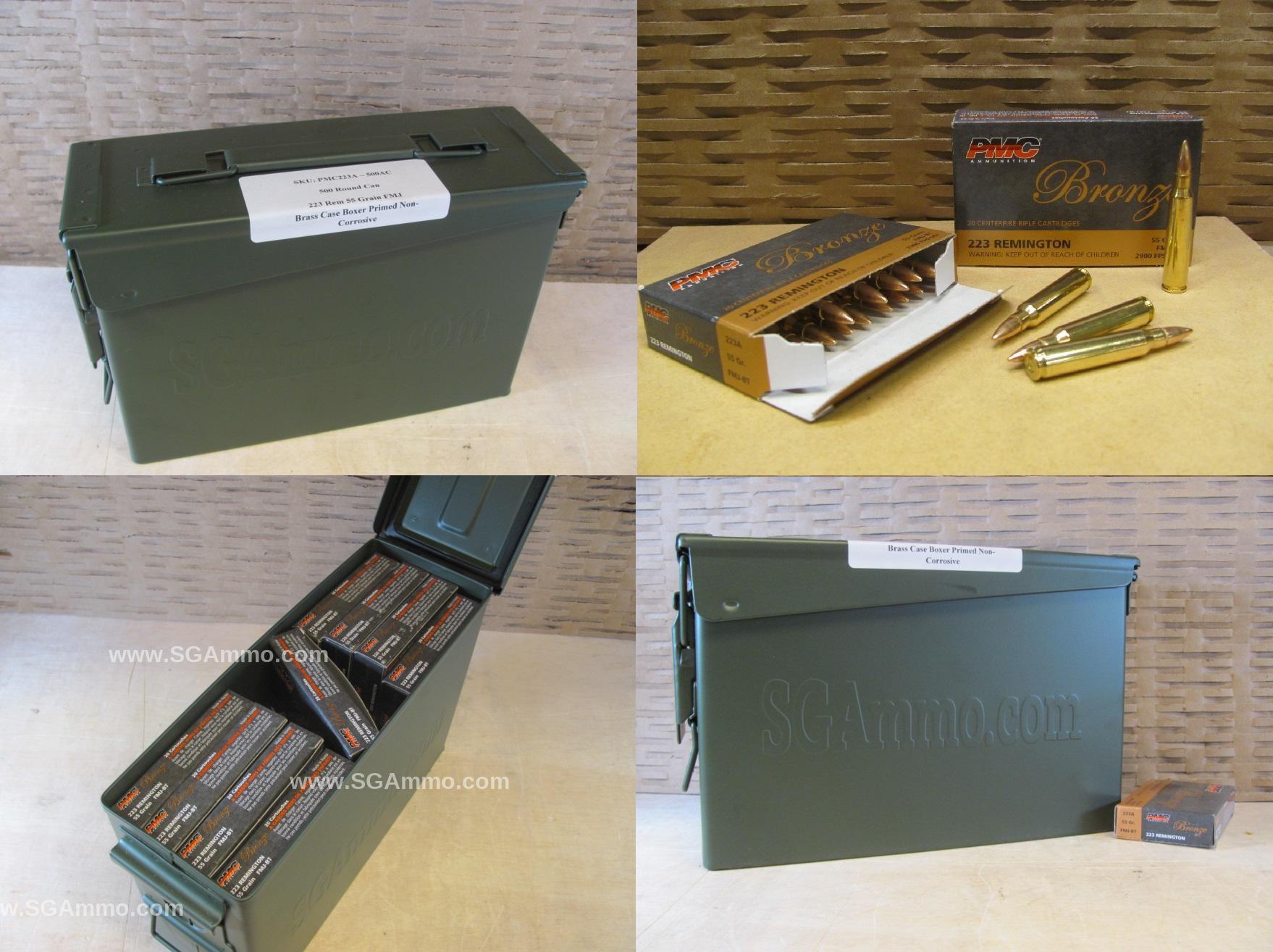 500 Round Can – 223 Rem PMC 55 Grain FMJ-BT Brass Case Ammo – 223A – Packed in M19A1 Ammo Canister