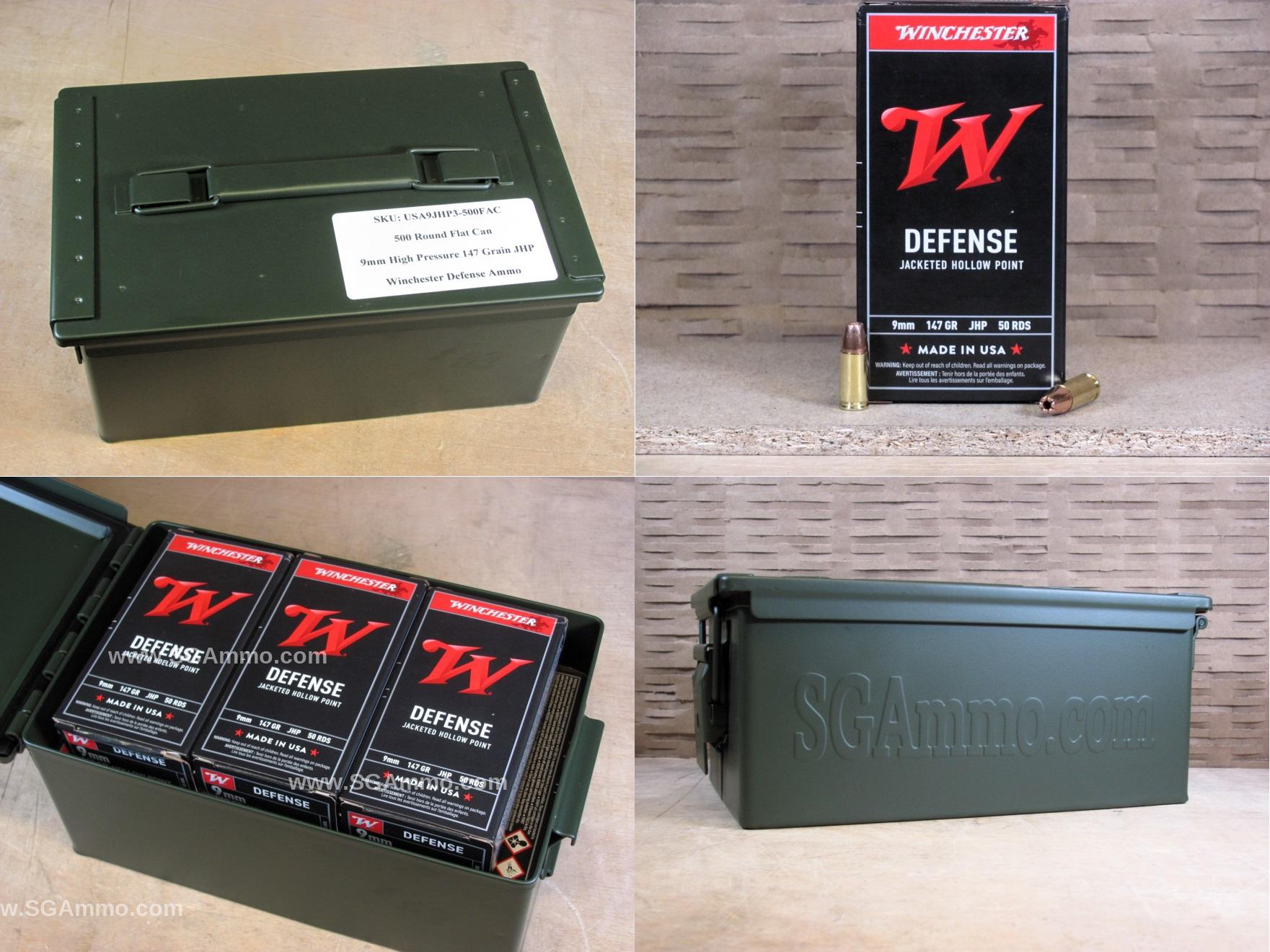 500 Round Flat Can – 9mm High Pressure 147 Grain Jacketed Hollow Point Winchester Defense Ammo – USA9JHP3 – Packed in Metal Canister