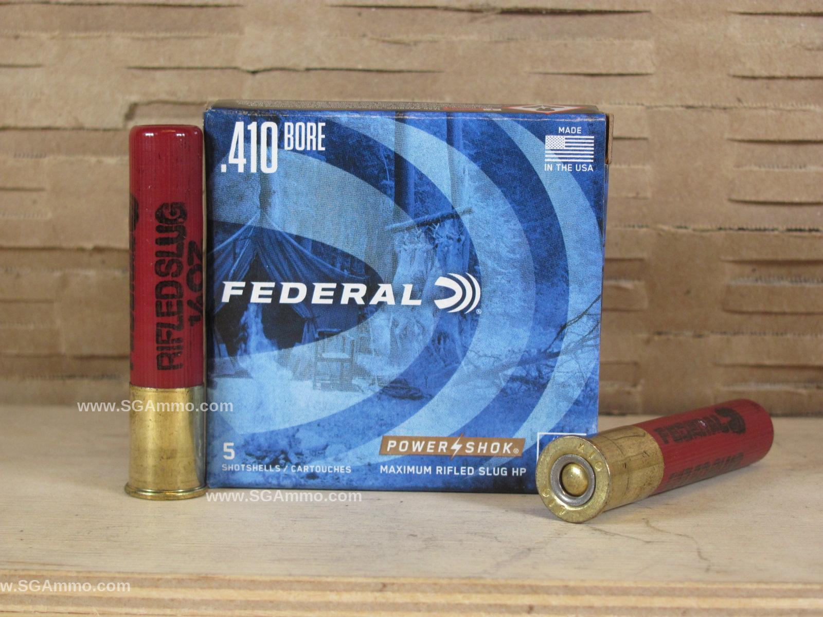 5 Round Box – 410 Gauge 2.5 Inch 1/4 Ounce 1775 FPS Federal Maximum Rifled Slug HP Power Shok Ammo