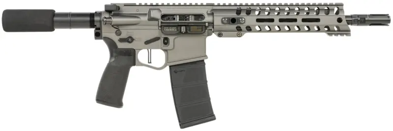 Patriot Ordnance Factory 01802 Minuteman Direct Impingement 5.56x45mm NATO Caliber with 10.50" Barrel, 30+1 Capacity, Tungsten Metal Finish, Buffer Tube Stock Black MFT Grip Right Hand