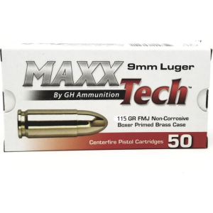 MaxxTech 9mm 115gr FMJ Brass Cased, Non-Corrosive, Boxer Primed, Fully-Reloadable - 50rd Box - PTGB9MMB