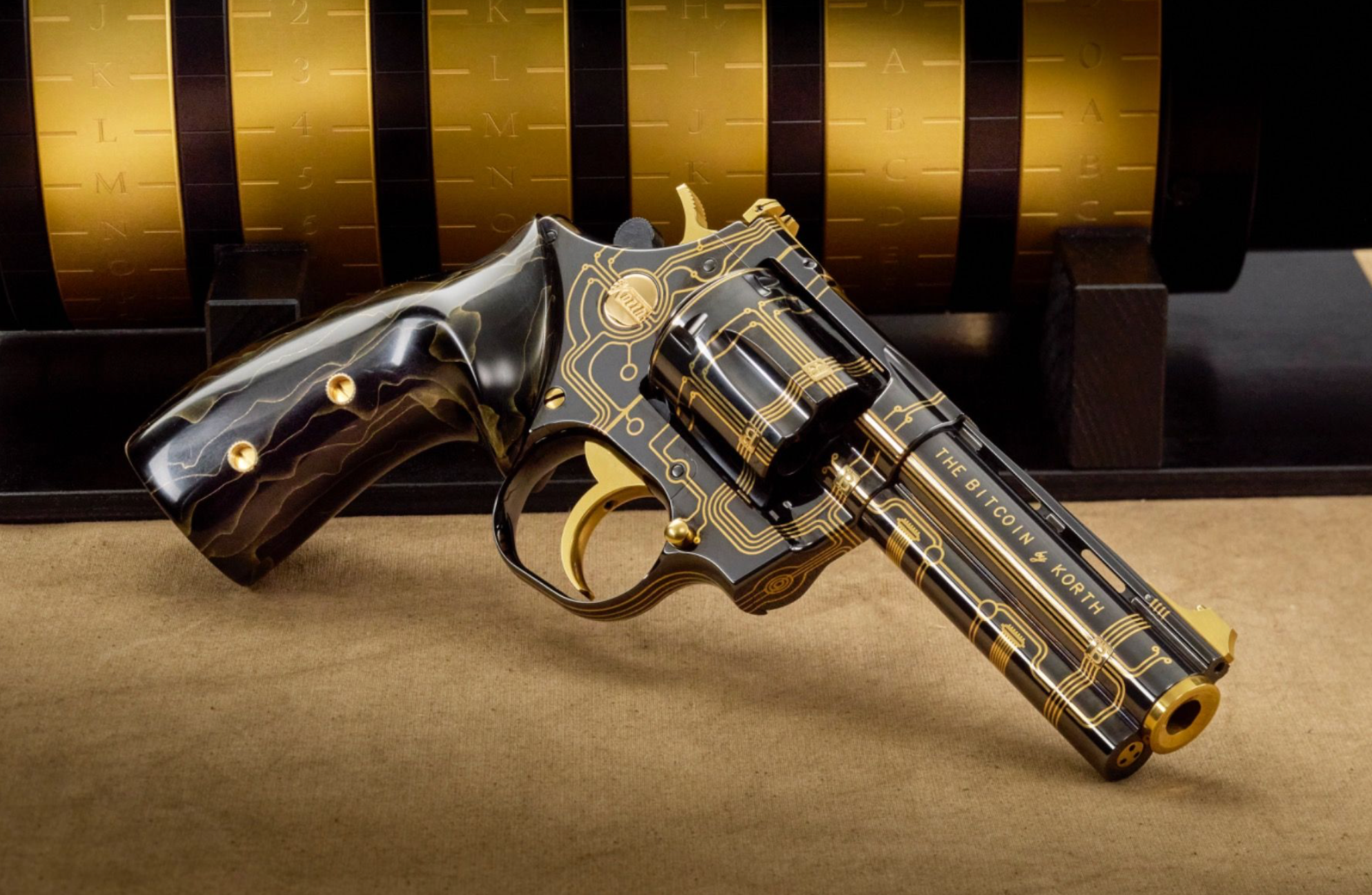 KORTH LIMITED EDITION BITCOIN REVOLVER  WITH CRYPTEX ROLL COMBO CASE AND HOLOGRAM (BLACK/GOLD) (Used)