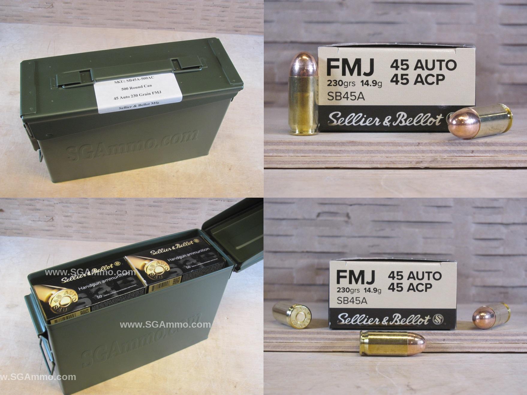 500 Round Can – 45 Auto 230 Grain FMJ Sellier Bellot Brass Case Ammo – SB45A – Packed in M19A1 Canister