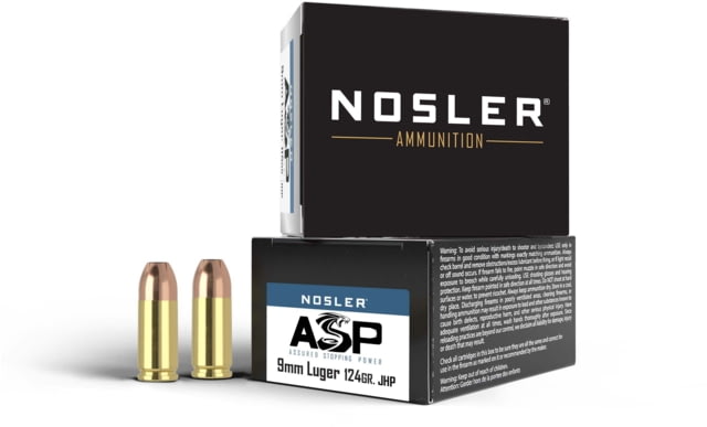 Nosler ASP 9mm 124 Grain Jacketed Hollow Point Brass Cased Cased Pistol Ammo 20 Rounds