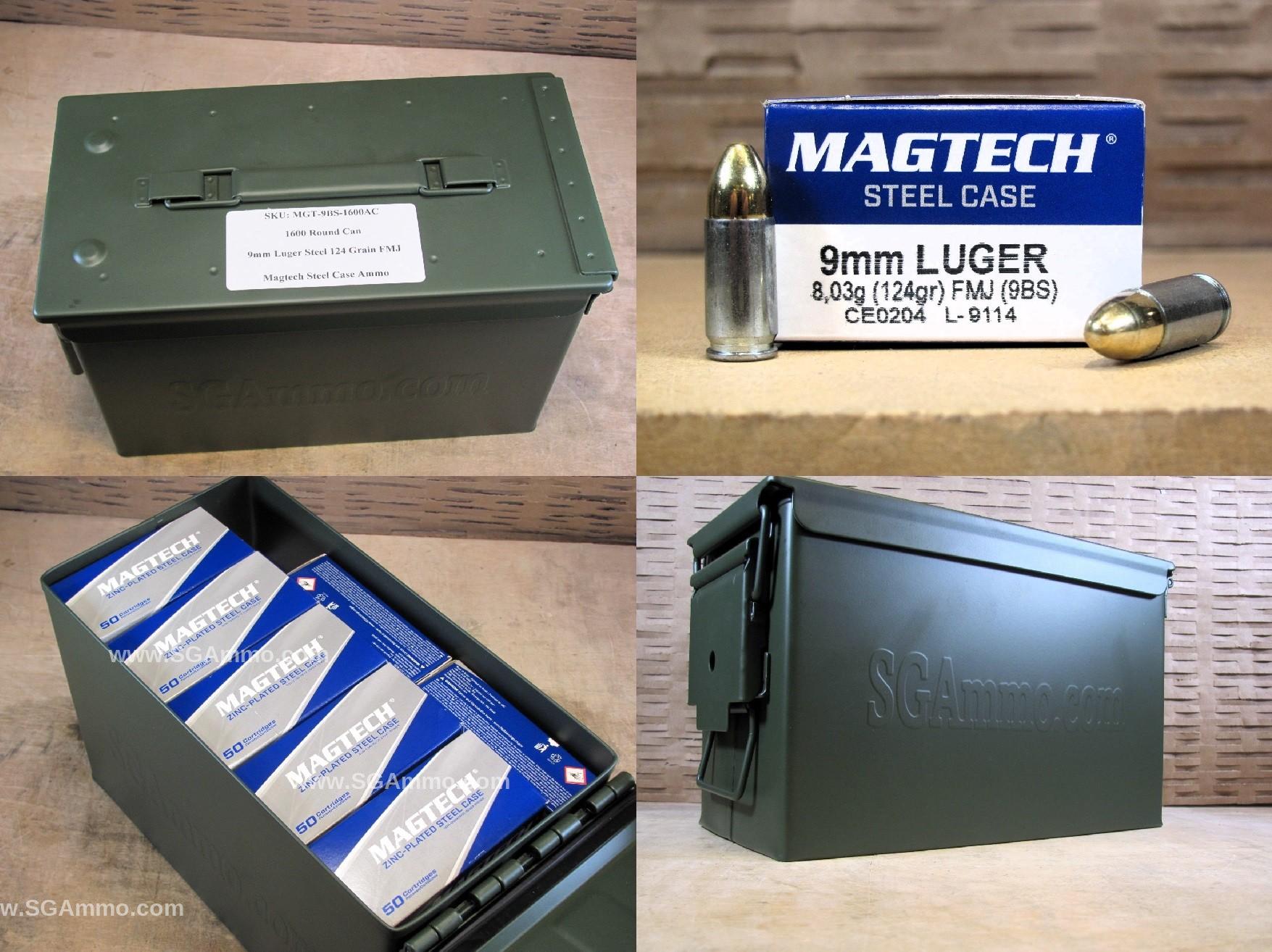 1600 Round Can – Steel Case 9mm Luger 124 Grain FMJ Magtech Ammo – 9BS – Packed in M2A1 Canister