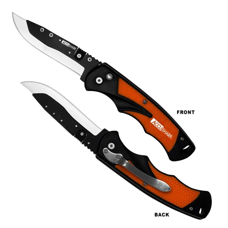 AccuSharp 741C Replaceable Blade Razor 3.50" Folding Plain Stainless Steel Blade/Blaze Orange Ergonomic Anti-Slip Anodized Aluminum Handle/ Includes 2 Replacement Blades/Belt Clip