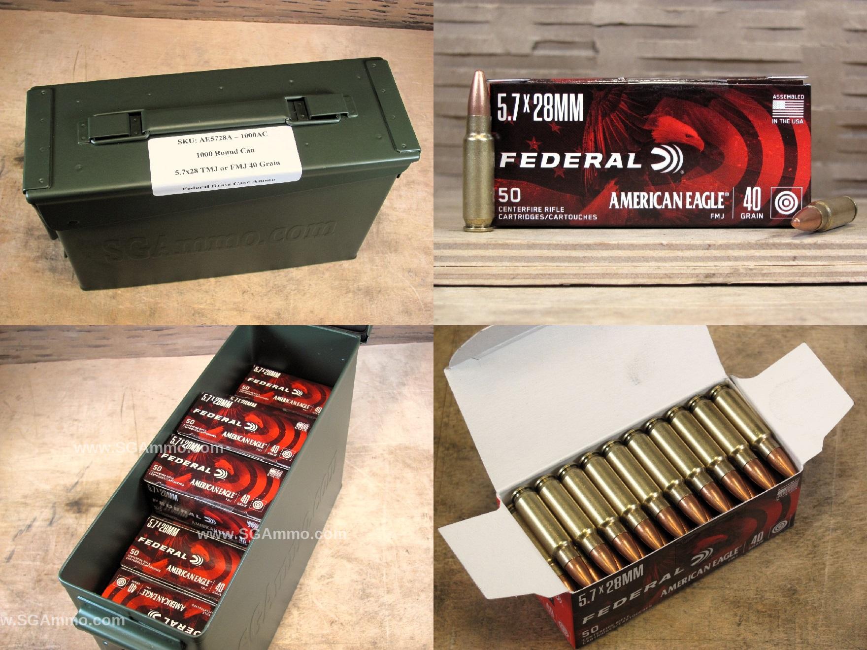 1000 Round Can – 5.7×28 40 Grain TMJ or FMJ Federal Ammo – AE5728A – Packed in M19A1 Canister