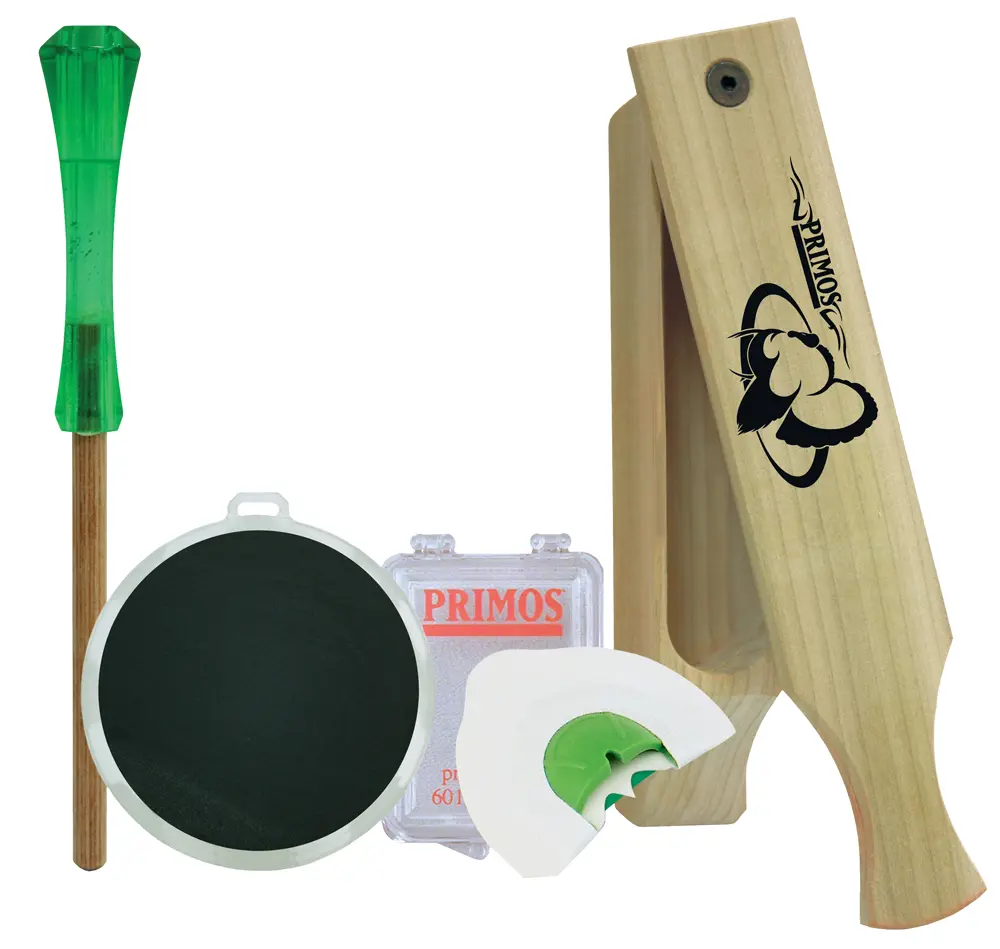 Primos 272 Turkey Caller Starter Pack Attracts Turkeys, Includes Sonic Dome Mouth Call, Sonic Dome Slate Call, Slim Striker Double Sided Box Call