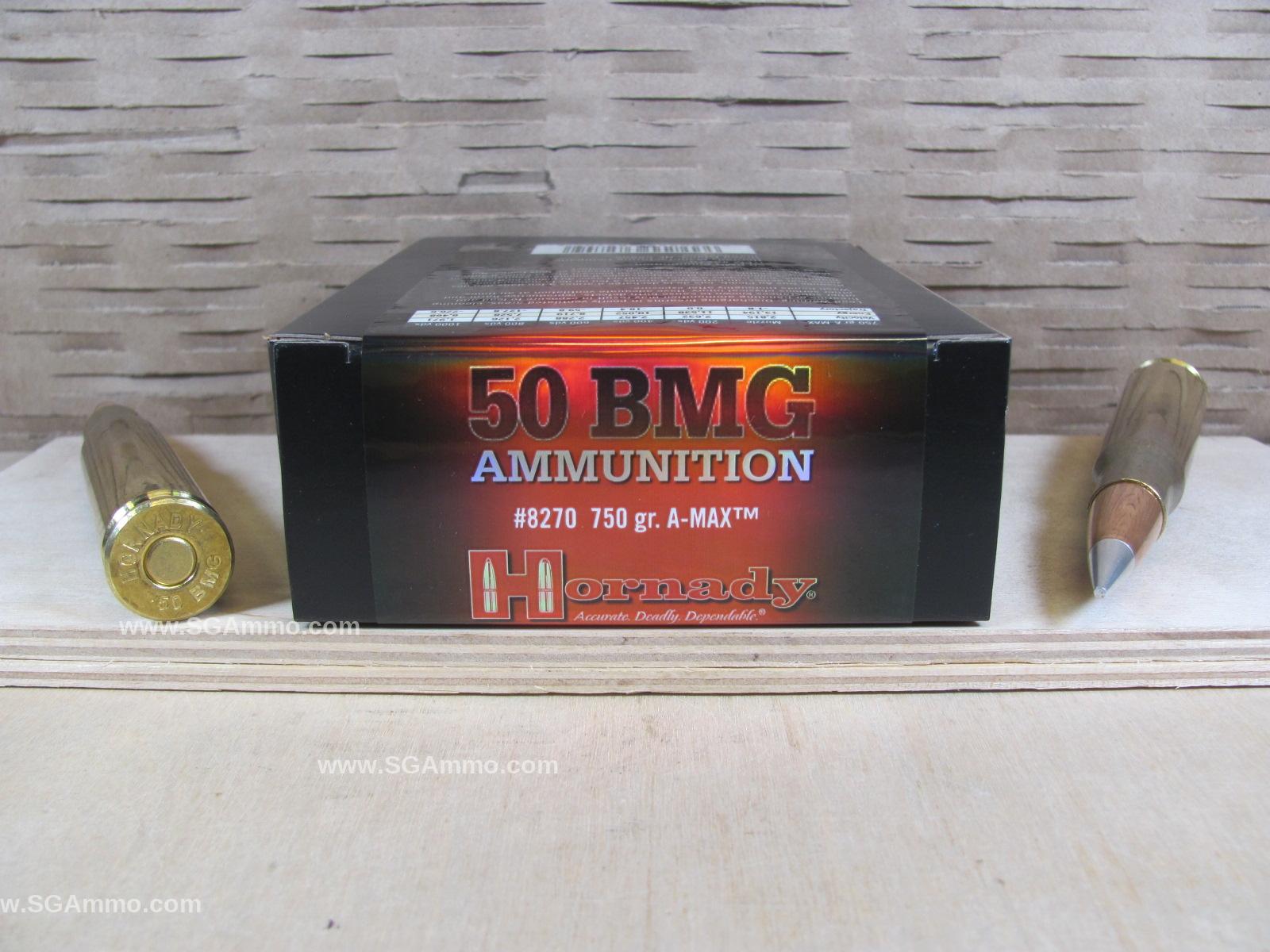 10 Round Box – 50 Cal BMG Hornady AMAX 750 Grain Match Ammo – 8270