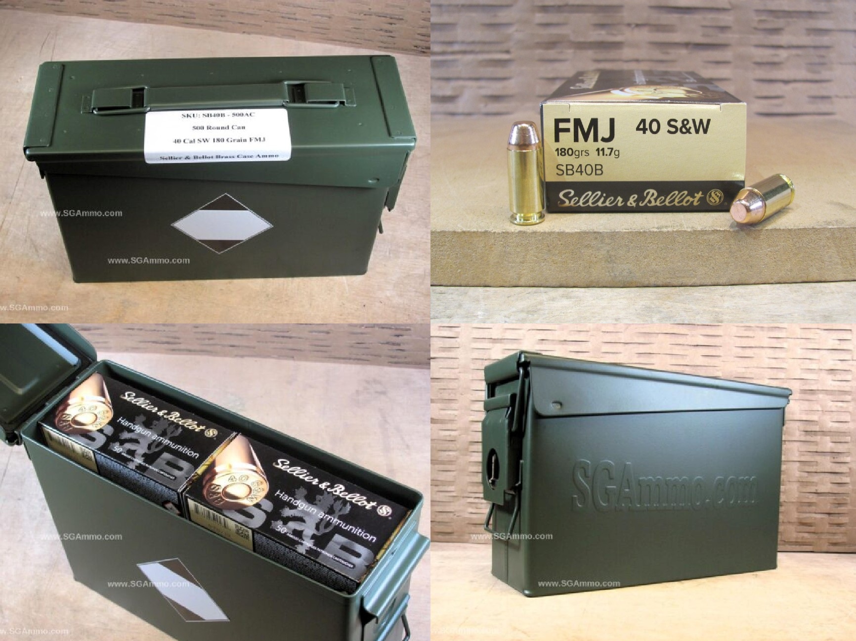 500 Round Can – 40 Cal SW 180 Grain FMJ Sellier Bellot Brass Case Ammo – SB40B – Packed in M19A1 Canister
