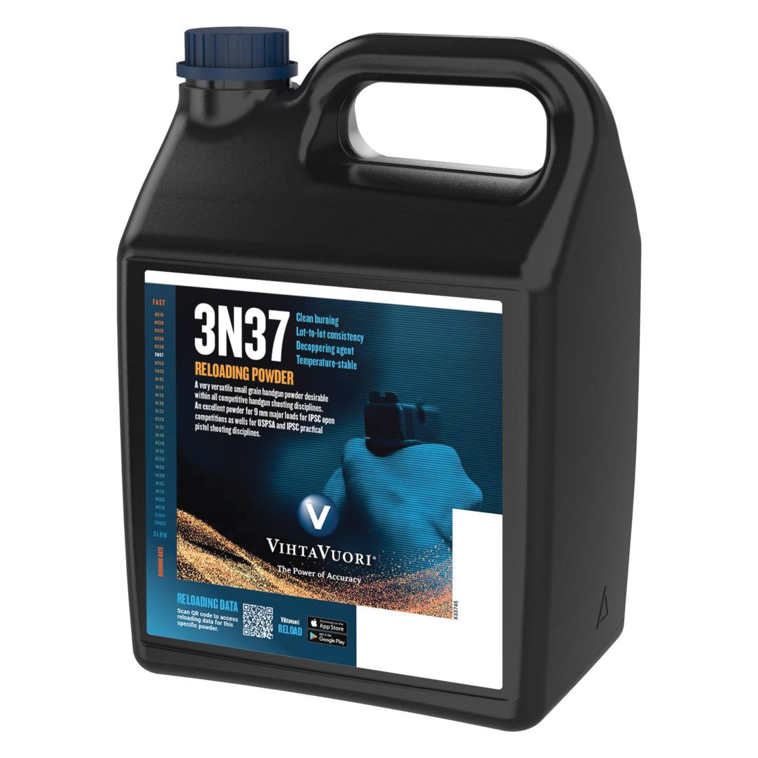 Vihtavuori 3N37 9mm Smokeless Handgun Powder, 4 lb