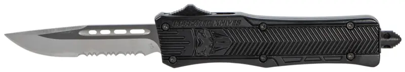 CobraTec Knives SBCTK1SDS CTK-1 Small 2.75" OTF Drop Point Part Serrated D2 Steel Blade/ Black Aluminum Handle Features Glass Breaker Includes Pocket Clip